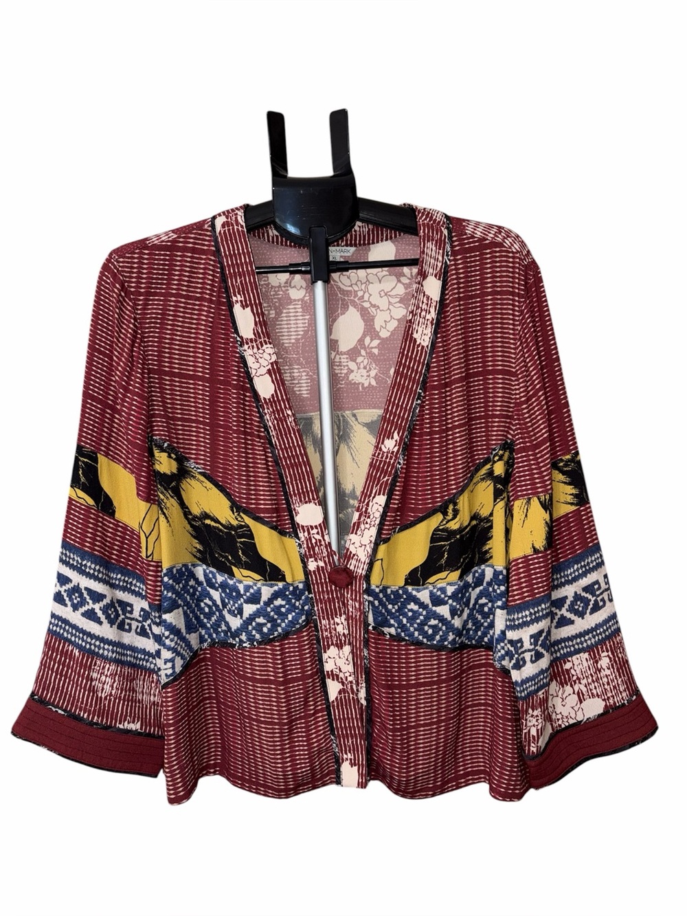Women's Patterned Open Front Kimono Jacket - Burgundy Mix